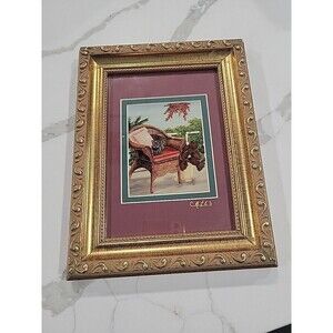 June Cates Signed Art Cat in Garden Miniature art 9x7